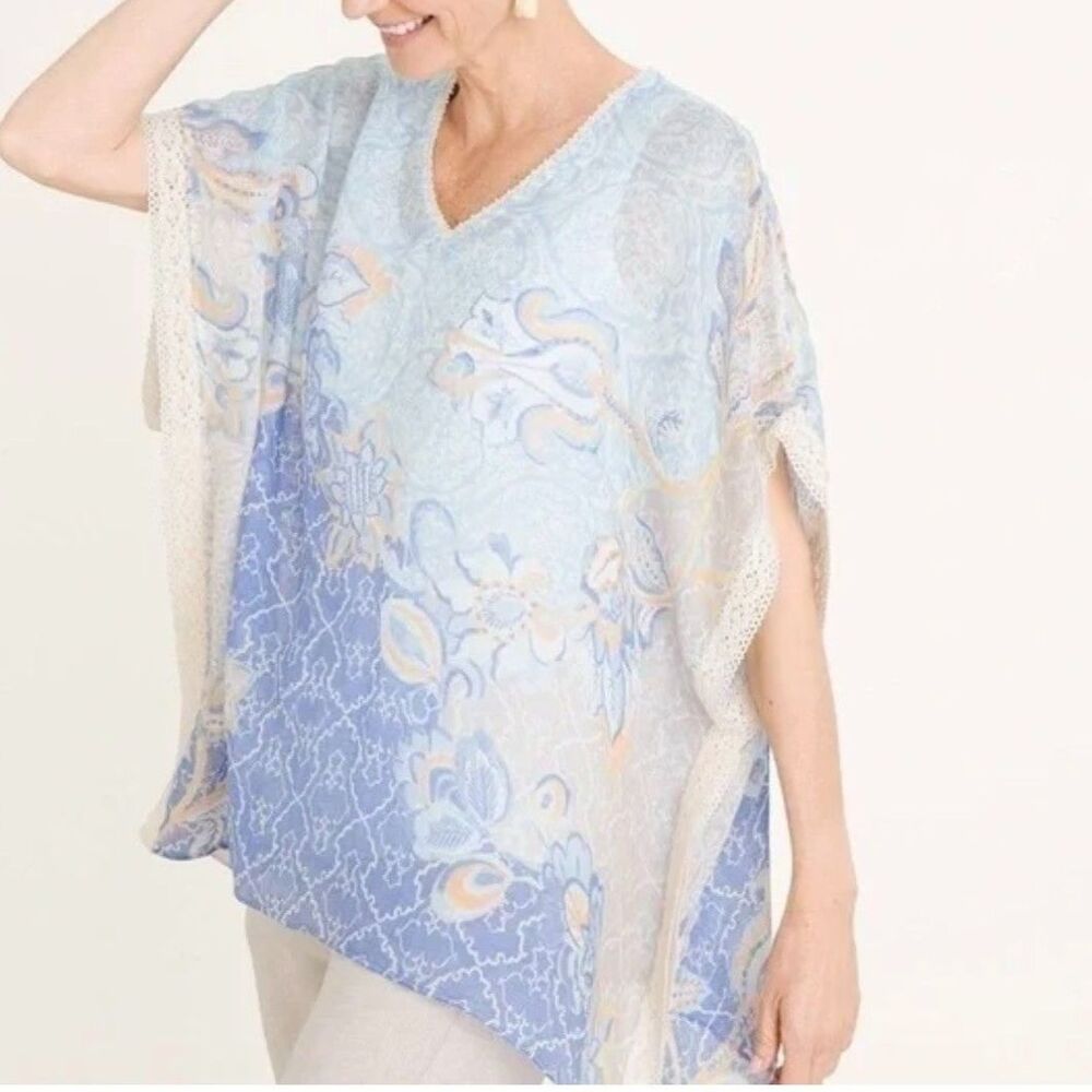 Chicos Size S-M Linen Exotic Floral Lace Poncho Top Blue Coverup Coastal Beach